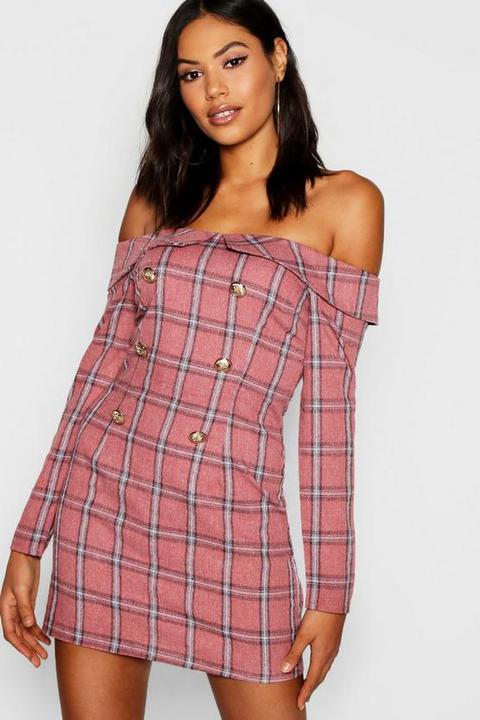Check Bardot Button Shift Dress