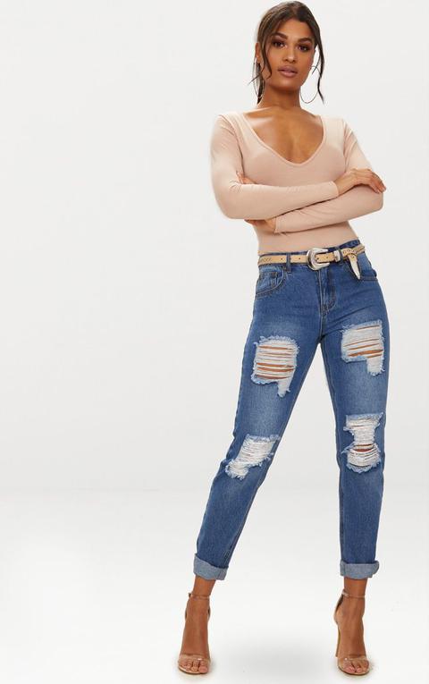 Mid Wash Extreme Ripped Turn Up Mom Jeans Mid Blue Wash From