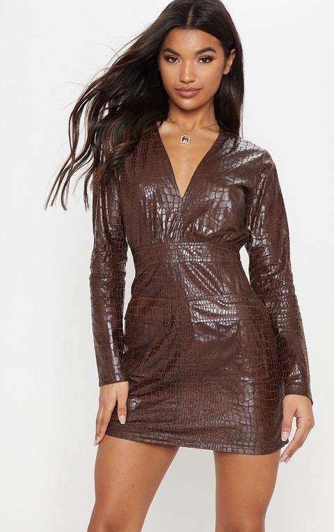 Chocolate Brown Faux Leather Snake Embossed Shift Dress, Chocolate Brown