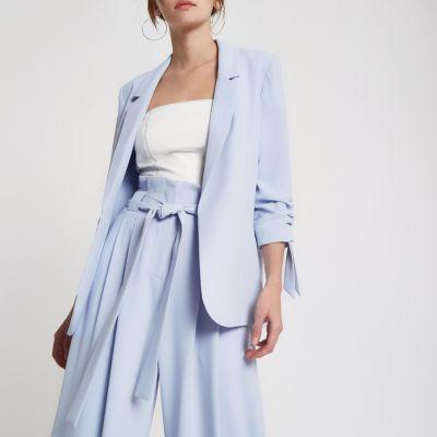 Light Blue Ruched Sleeve Blazer