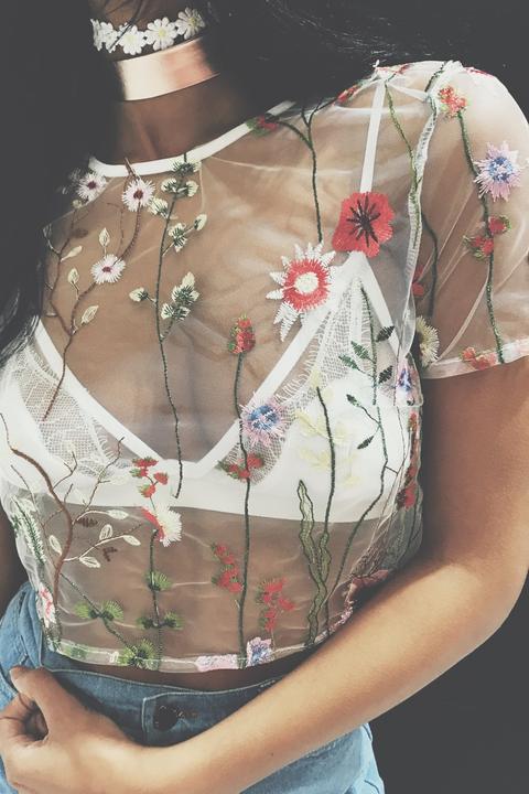 Cassie White Mesh Floral Crop Top