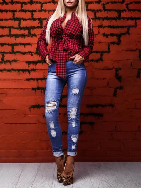 Camicetta Ante A Quadri V-collo Bowknot Manica Lunga Sottile Sexy Rosso-nero