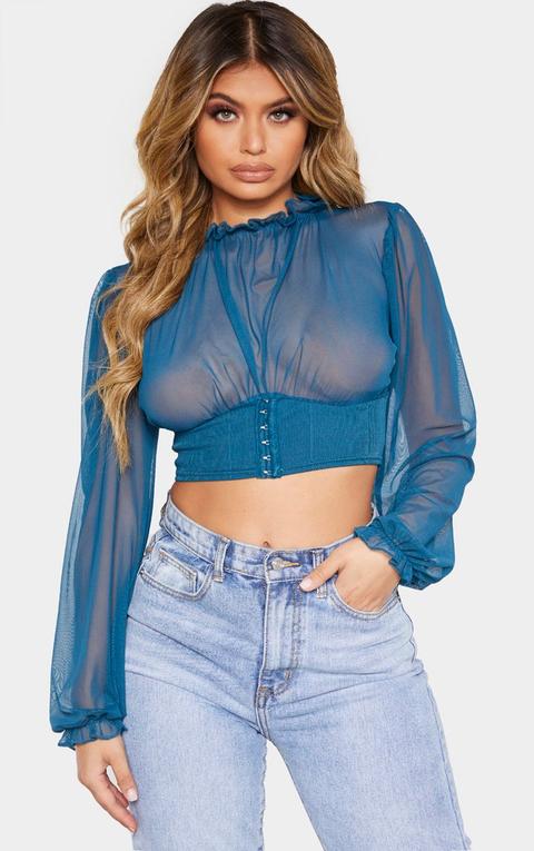 Petrol Blue Mesh Hook And Eye Underbust Blouse
