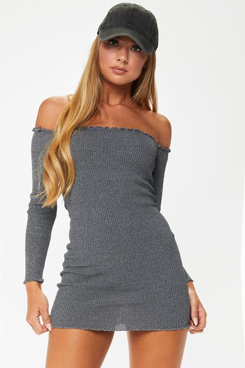 Harper Grey Ribbed Bardot Dress