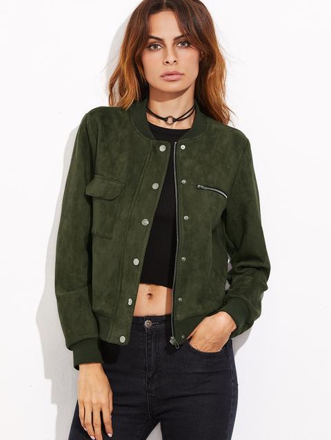 Olive Green Suede Hidden Zip Bomber Jacket