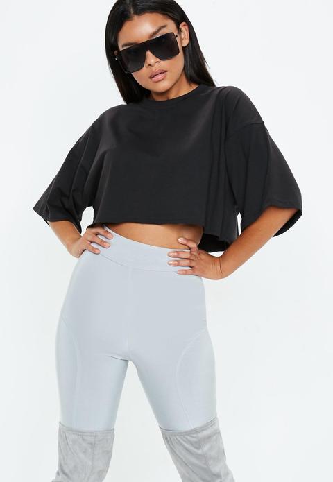 Black Drop Shoulder Oversized Cropped T Shirt, Black