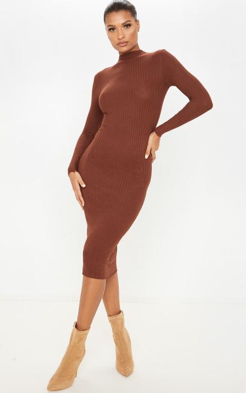 Brown Rib Knitted Midi Dress
