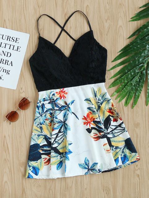 Criss Cross Back Lace Tropical Print Dress