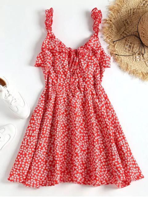 Mini Vestido De Volantes Atados Florales Minúsculos Red