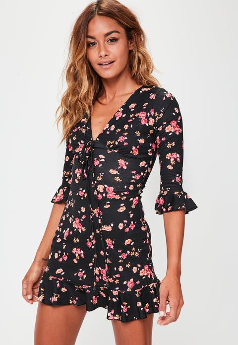 Black Floral Print Tea Dress