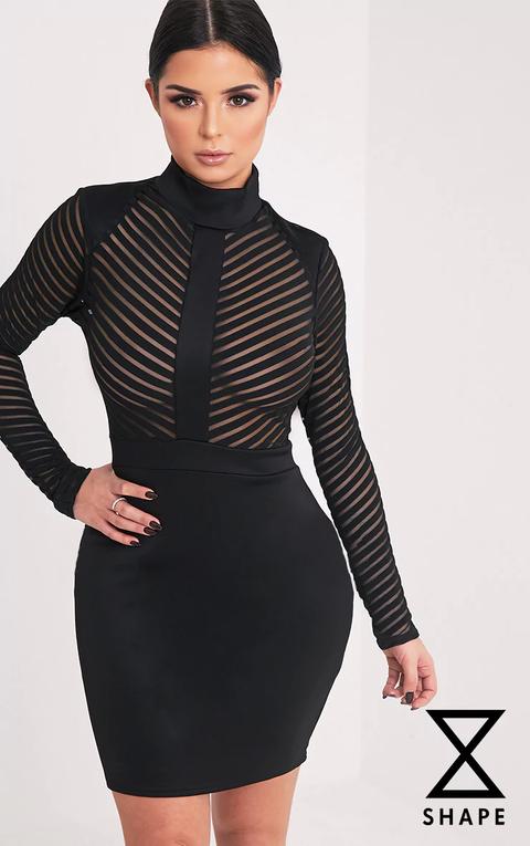 Shape Paris Black Mesh Top Panel Mini Dress, Black