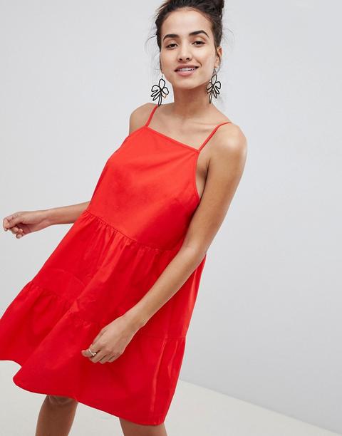 Asos Design - Vestitino Estivo In Cotone A Balze - Rosso