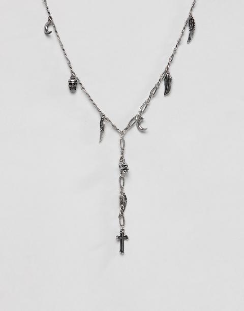 Reclaimed Vintage - Collana Con Ciondoli Con Croce E Piuma - Argento