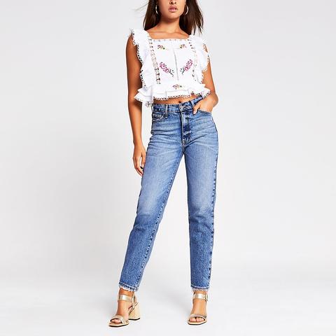 White Embroidered Frill Sleeve Crop Top