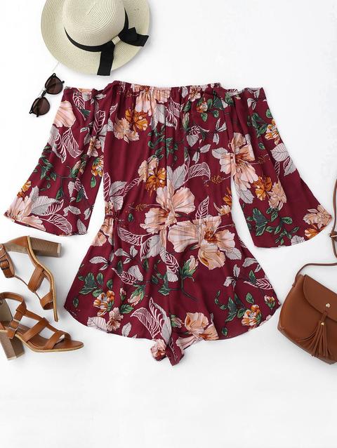 Floral Drawstring Off Shoulder Romper