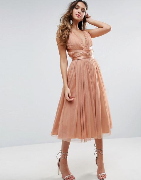 Asos Premium - Vestito Da Cerimonia Midi In Tulle Con Nastri E Fiocchi - Rosa