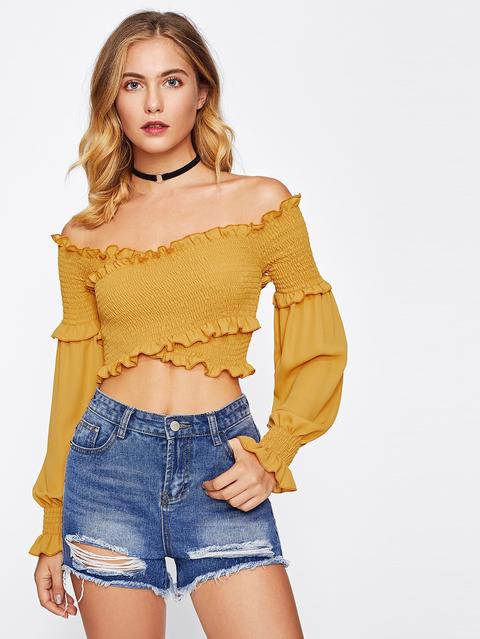 Frill Trim Crossover Shirred Crop Top