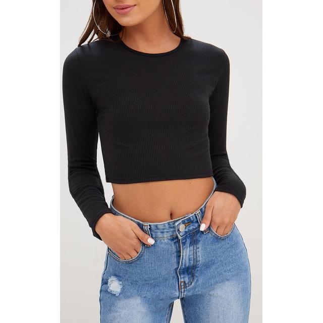Black Ribbed Long Sleeve Crop Top from 