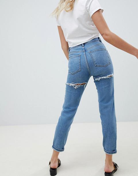 Asos Design - Farleigh - Mom Jeans Slim A Vita Alta Lavaggio Stone Wash Chiaro Con Strappi Sui Glutei - Blu