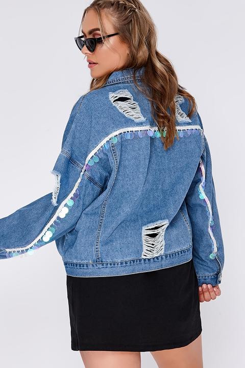 Blue Jackets - Curve Nadette Oversized Mermaid Sequin Disc Light Wash Denim Jacket