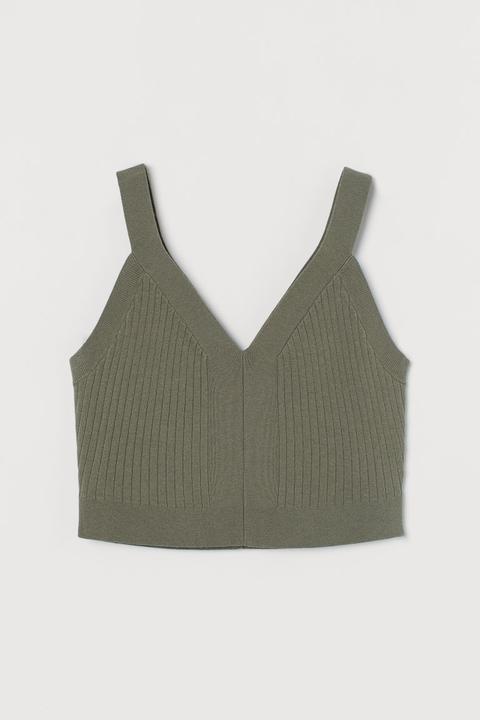 Rib-knit Cropped Top - Green