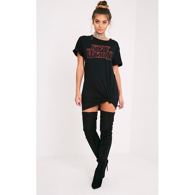 t shirt dress and thigh high boots