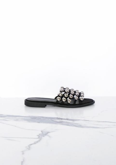 Rozlynn Black Studded Caged Open Toe Sliders