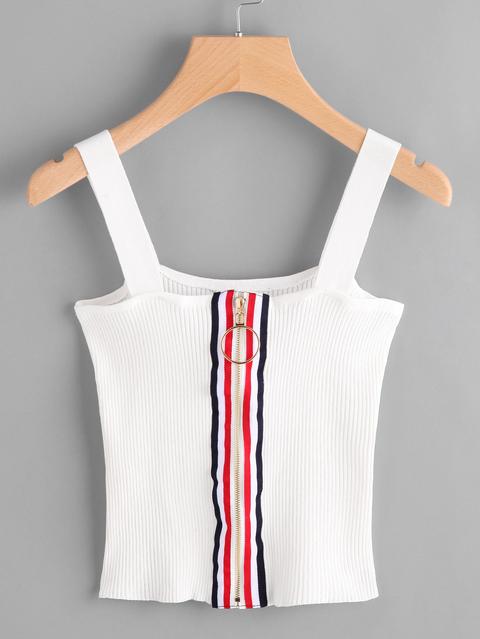 Contrast Stripe Ring Zip Up Ribbed Cami Top