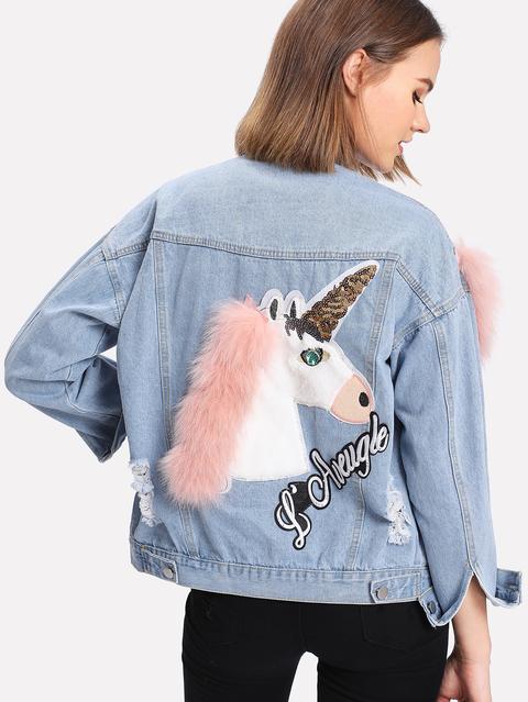 Chaqueta Denim Con Bordado De Caricatura De Piel Sintética