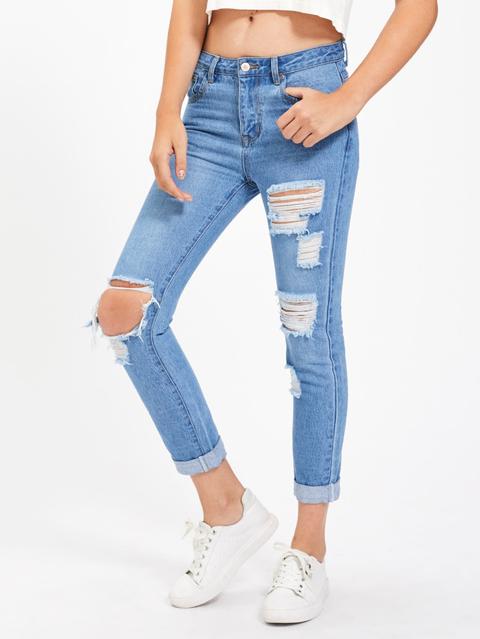 Light Wash Shredded Rips Detail Jeans