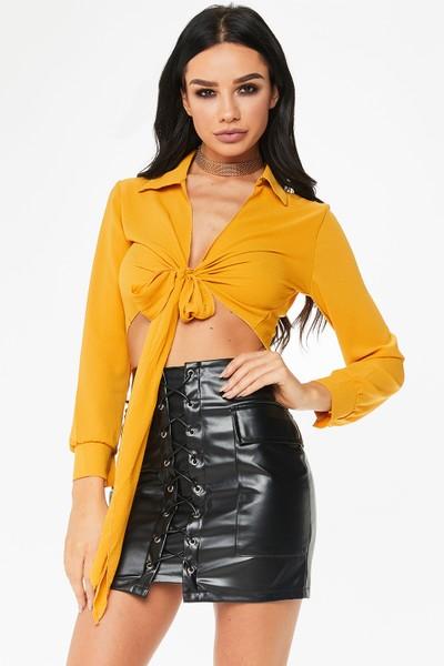 Carmel Mustard Collared Tie Front Crop Top