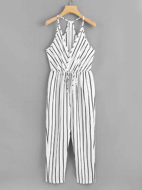 Tie Waist Striped Halter Romper