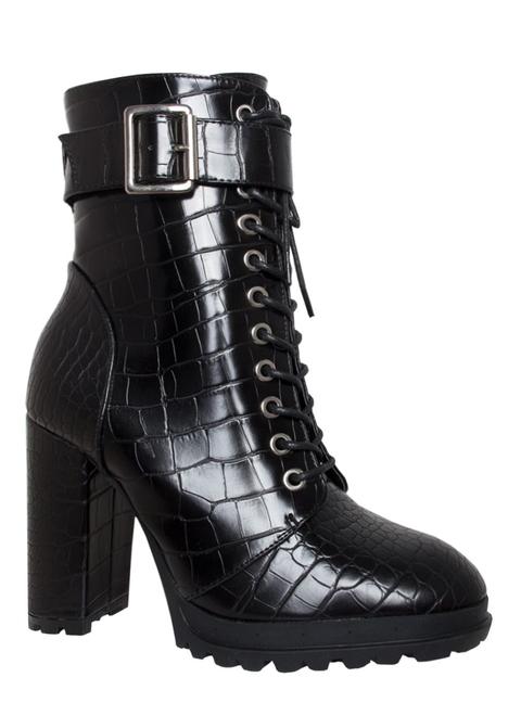 Jade Black Croc Lace Up Platform Block Heel Ankle Boots