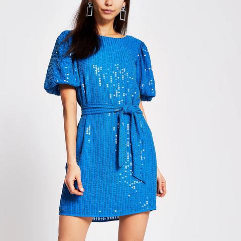 Bright Blue Sequin Tie Belted Mini Dress