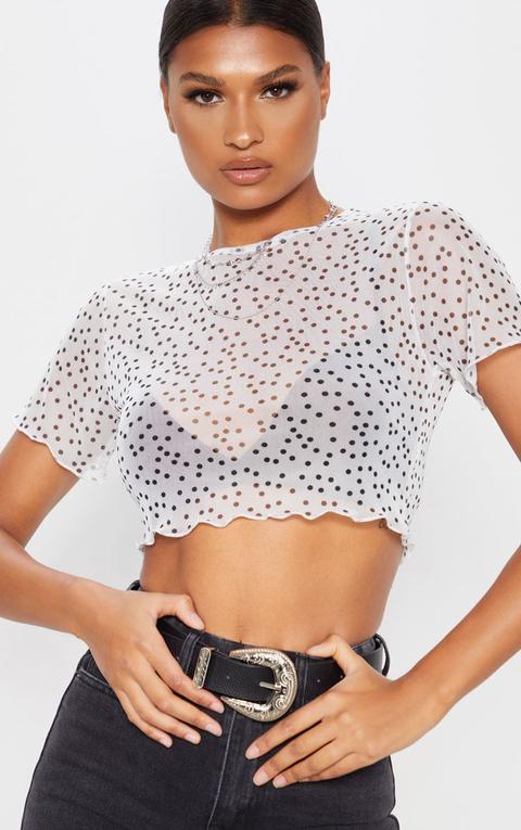 White Polkadot Hem Mesh Crop Top