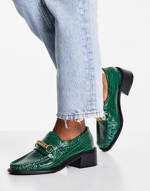 Asos Design Mimi Square Toe Loafers In Green Croc