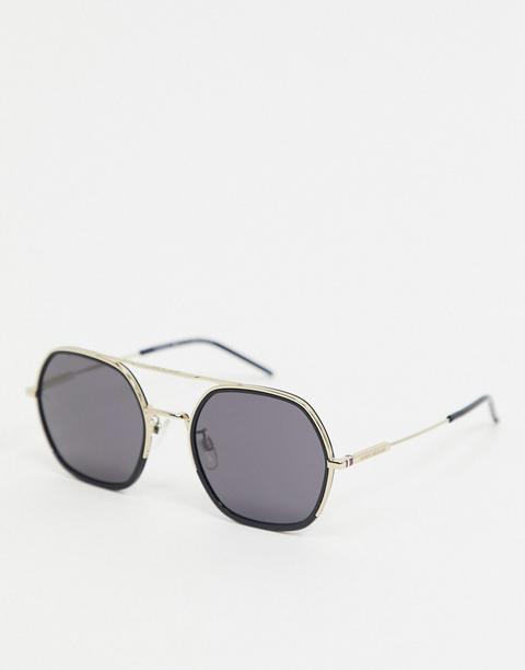 Tommy Hilfiger Square Aviator Sunglasses In Black And Gold