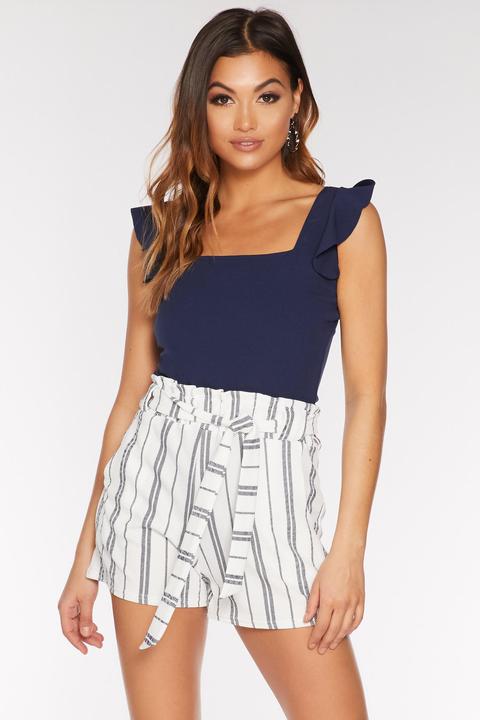 Navy And White Stripe Paper Bag Belted Shorts