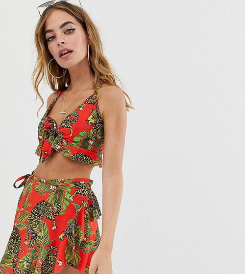 Asos Design Petite - Brassière Da Spiaggia In Jersey Con Stampa Tropicale Con Tigri In Coordinato - Multicolore