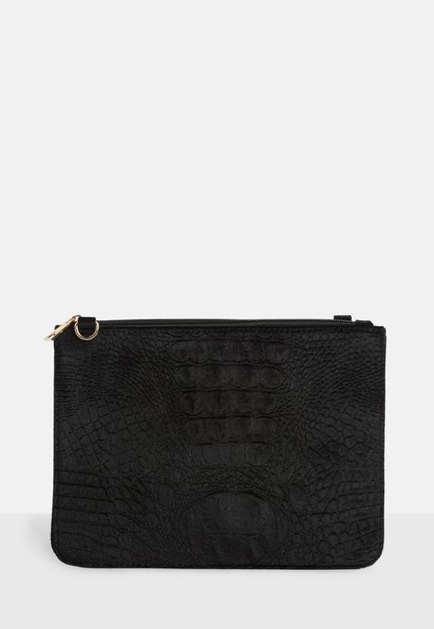 Black Velvet Croc Embossed Clutch Bag, Black