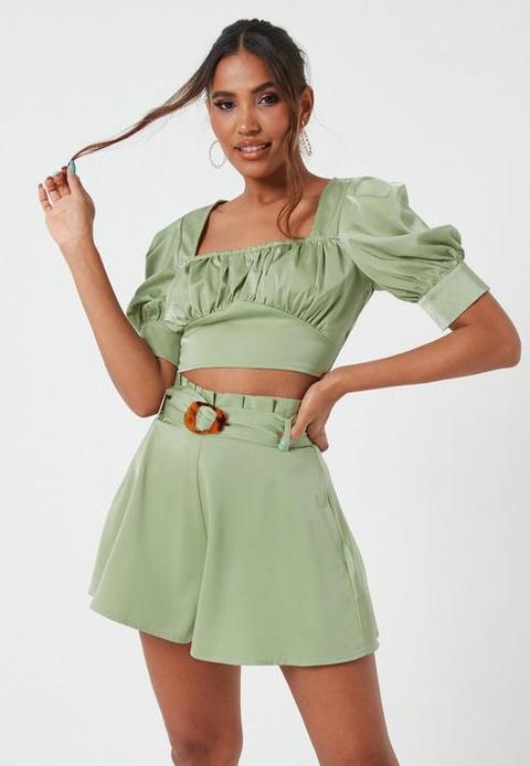 Sage Satin Ruched Bodice Crop Top, Green