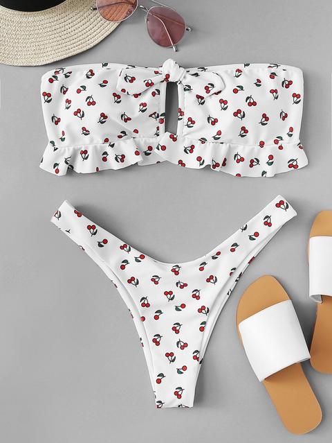 Set De Bikini Bandeau Fruncido Con Estampado De Cereza Con Nudo Delantero