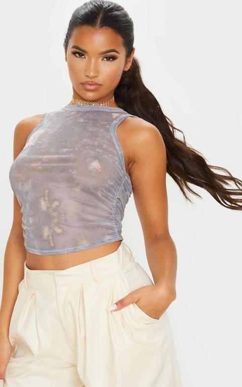 Grey Tie Dye Printed Sheer Mesh Ruched Racer Crop Top