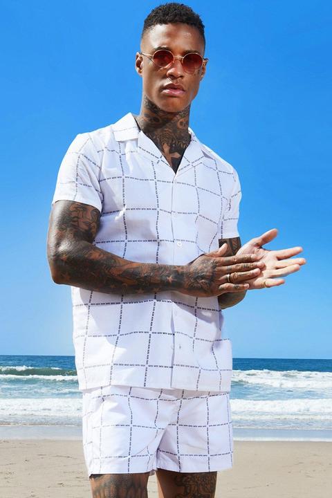 Man Square Print Short Sleeve Revere Shirt