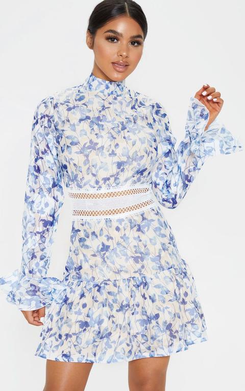 Petite - Robe Bleue Imprimé Floral À Manches Évasées Et Col Montant, Bleu