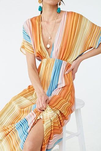 Forever 21 Plunging Striped Maxi Dress , Orange/multi