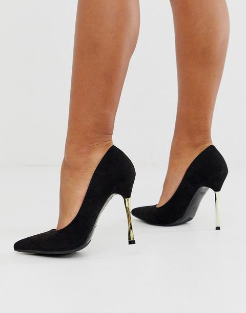 Glamorous Black Court Shoes With Gold Statement Heel