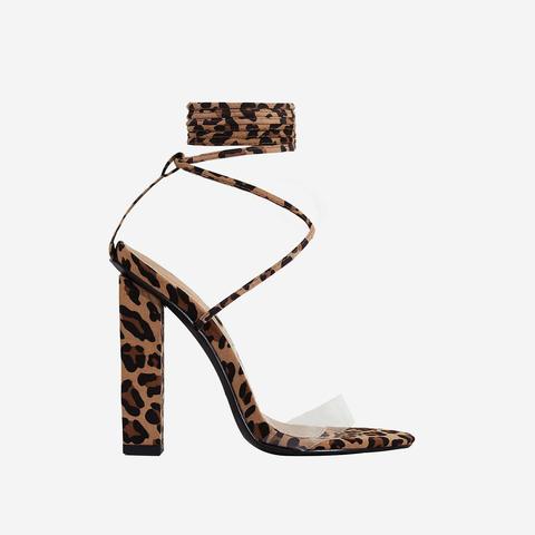 Bello Perspex Lace Up Block Heel In Tan Leopard Print Faux Suede, Brown