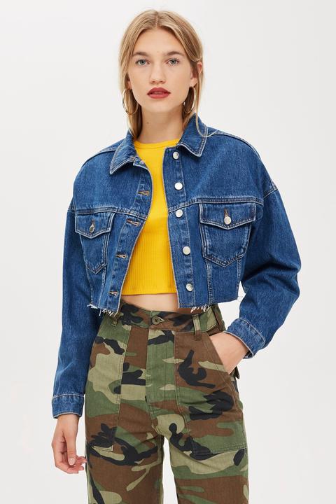 Womens Blue Hacked Denim Jacket - Mid Stone, Mid Stone