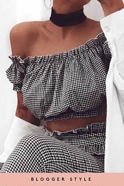 Harper Black Gingham Frill Bardot Crop Top